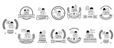 Ortasında bir adam olan bir dizi rozet. Adam gözlük takıyor ve bir masada oturuyor. Rozetler 