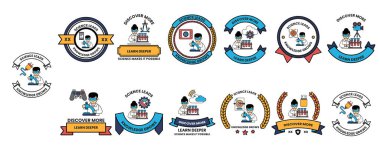 Ortasında bir çocuk olan rozet koleksiyonu. Çocuk mavi bir gömlek ve mavi bir şapka giyiyor.