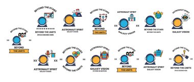 Görüntü, Sınırın Ötesinde adlı bir şirket için bir dizi logo. Logoların hepsi farklı, ama hepsinin benzer bir uzay ve keşif teması var. Logolar renkli ve göz alıcı.