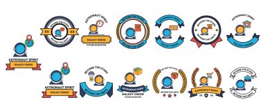 Mavi ve beyaz arkaplanı olan bir rozet koleksiyonu. Rozetler çeşitli şekil ve boyutlarda ve bazılarının üzerinde bir insan var.