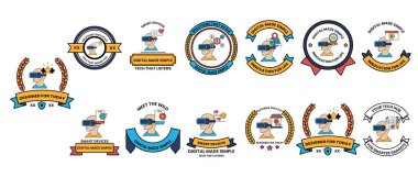 Şapkalı ve balıklı bir adamın olduğu rozet koleksiyonu. Adam bir kumanda tutuyor ve balık yüzüyor.