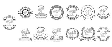 Arkasında kurdele olan siyah beyaz logo koleksiyonu. Logoların hepsi farklı ve çeşitli tasarımları var.