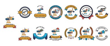 Sanal gerçeklik kulaklığı takan bir adamla bir dizi rozet. Adam sarı bir gömlek giyiyor.