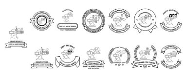 Çeşitli tasarım ve renklere sahip bir rozet koleksiyonu. Bazı rozetlerde yıldız var.