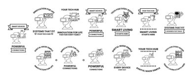 Görüntü bir teknoloji merkezi için bir dizi logo. Her logonun farklı bir konsepti, ruh hali ya da fikri var, ama hepsi ortak bir teknoloji ve yenilik temasını paylaşıyor.