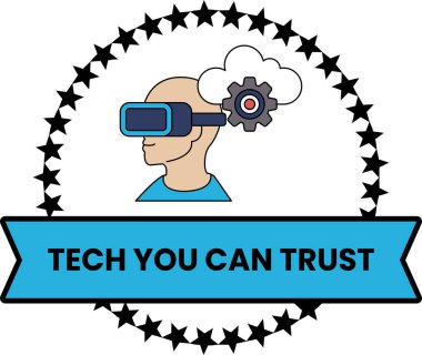 VR kulaklık takan bir adam beyaz arka planı olan mavi bir dairede gösterilir. Çember yıldızlarla çevrilidir. 