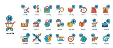 Bir güvenlik simgesi koleksiyonu. Simgeler arasında bir kamera, bir alışveriş arabası, bir çanta, bir çanta, bir çanta, bir çanta, bir cüzdan, bir cep telefonu, bir bilgisayar, bir klavye, bir fare, bir klavye