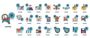 Güvenlik bu görüntünün ana kavramı. Kilitler, kameralar ve diğer izleme cihazları gibi farklı güvenlik yönlerini temsil eden çeşitli sembol ve simgeler yer almaktadır.