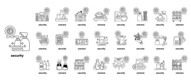 Güvenlik bu görüntünün teması. Kilitler, kameralar ve korumalar gibi farklı güvenlik yönlerini temsil eden çeşitli simgeler ve semboller yer almaktadır.