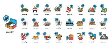 Ortasında mavi güvenlik simgesi olan yiyecek koleksiyonu. Güvenlik simgesi mavi bir çemberle çevrili.