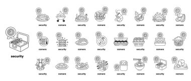 Güvenlik, görüntüdeki kelimedir. Resim, güvenliğin çeşitli yönlerini temsil eden farklı sembol ve çizimlerden oluşan bir koleksiyondur.