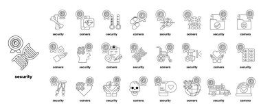 Güvenlik, görüntüdeki kelimedir. Resim, güvenliğin farklı yönlerini temsil eden çeşitli sembol ve simgelerden oluşan bir koleksiyondur.