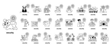 Güvenlik, görüntünün sol tarafındaki kelimedir. Görüntü, güvenlik kavramına bağlı çizgi film karakterlerinin bir derlemesi.