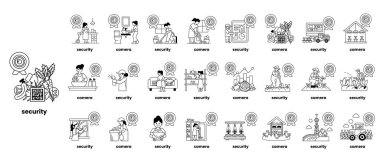 Güvenliğin çeşitli yönlerini gösteren bir dizi resim. Görüntüler arasında masada oturan bir adam, binanın önünde duran bir adam, araba süren bir adam ve motosiklet süren bir adam yer alıyor.
