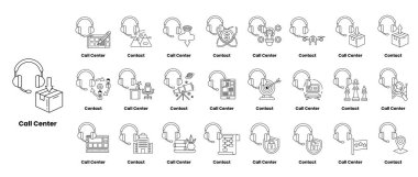 Çağrı merkezi konseptiyle ilgili farklı sembol ve şekillerden oluşan bir koleksiyon. Görüntü siyah beyaz ve minimalist bir havası var.