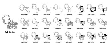 Çağrı merkeziyle ilgili insanların ve nesnelerin karikatür koleksiyonu. Görüntüler arasında kulaklığı, bilgisayarı, saati ve panosu olan bir adam var.
