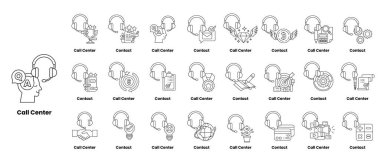Çağrı Merkezi için ikon koleksiyonu. Simgelerin hepsi siyah beyaz. Çağrı Merkezi insanların telefon edip diğerleriyle iletişim kurabilecekleri bir yer.