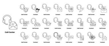 Çağrı merkezi için ikon koleksiyonu. Simgeler arasında kulaklıklı bir adam, fareli bir adam, klavyeli bir adam, fare ve klavyeli bir adam, fare ve klavyeli bir adam yer alıyor.