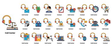Çağrı merkezi için ikon koleksiyonu. Simgeler arasında takım elbiseli bir adam, takım elbiseli bir kadın, takım elbiseli bir kadın, dizüstü bilgisayarlı bir iş kadını var.