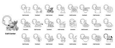 Çağrı merkeziyle ilgili insan ve nesnelerin bir koleksiyonu. Görüntüler daire şeklinde dizilir ve kulaklık takan bir kişi gibi çeşitli nesneler içerir.
