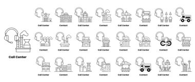 Çağrı Merkezi için ikon koleksiyonu. Simgeler arasında bir kişi, bir araba, bir bisiklet, bir kamyon, bir bina, bir ağaç ve bir sandalye yer alıyor.