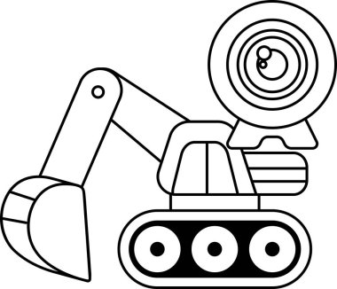 Üzerinde kamera olan büyük bir inşaat aracının siyah beyaz çizimi. Kamera yere bakıyor, muhtemelen inşaat alanının fotoğrafını çekiyor.