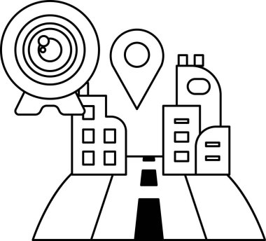 Ortasında kamera merceği olan bir şehir manzarası. Kamera lensi binalar ve bir yol ile çevrilidir. Sahne kentsel ve modern.