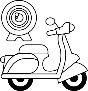 Üstünde kamera olan bir scooter 'ın siyah beyaz çizimi. Kamera küçük, yuvarlak, siyah ve beyaz bir nesnedir. Scooter görüntünün ortasına yerleştirildi