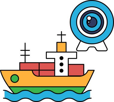 Kenarında kamera olan bir gemi okyanusta seyrediyor. Kamera küçük, yuvarlak ve mercekli bir nesne. Sahne huzurlu ve huzurlu, gemi suyun içinde hareket ediyor.