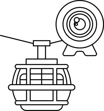 Üzerinde kamera olan bir teleferiğin siyah beyaz çizimi. Kamera teleferiğe bakıyor, hareketini ve sürüşün heyecanını yakalıyor.