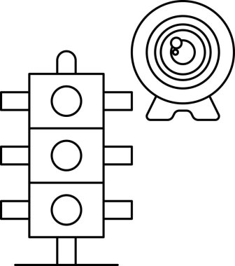 Önünde kamera olan bir trafik lambası. Kamera bir webcam. Trafik ışığı güvenlik ve düzenin sembolüdür. Web kamerası bir teknoloji ve iletişim sembolüdür.