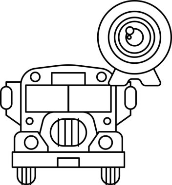 Üstünde kamera olan bir otobüs var. Kamera bir webcam. Otobüs siyah beyaz.