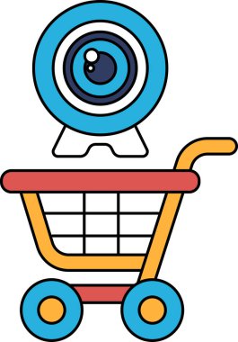Üstünde bir kamera olan bir alışveriş arabası. Kamera bir webcam. Alışveriş arabası siyah beyaz.