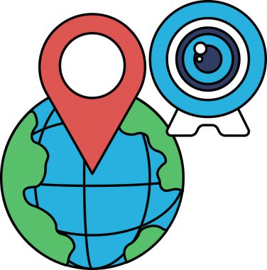 Üstünde bir kamera olan bir küre. Küre ortasında nokta olan bir daire ile çevrilidir.