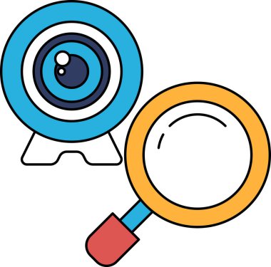 Bir kamera lensi ve büyüteç siyah beyaz çizilir. Kamera lensi merkezinde küçük bir delik olan bir dairedir, büyüteç ise merkezinde daha büyük bir delik olan bir dairedir.