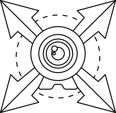 Ortasında büyük bir göz olan bir haçın siyah beyaz çizimi. Göz bir daire ile çevrilidir ve ortasında küçük bir nokta vardır.