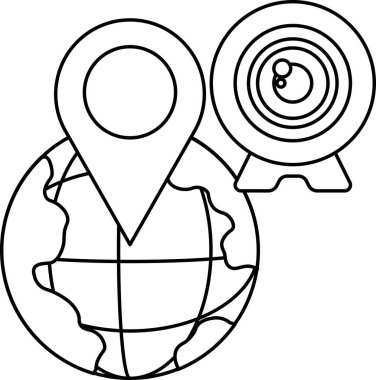 Üstünde bir kamera olan bir küre. Küre ortasında nokta olan bir daire ile çevrilidir.