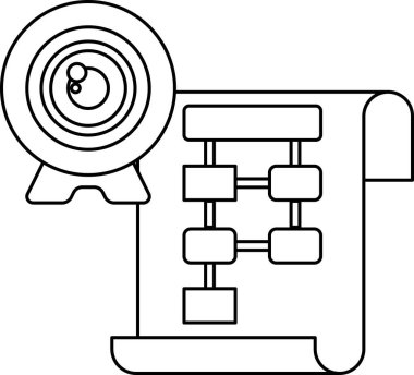 Objektifin ortasında daire çizen siyah beyaz bir kamera. Çizimin başlığı 