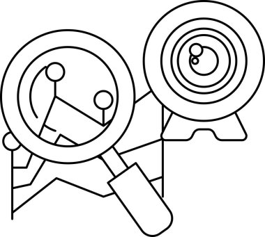 Bir büyüteç ve kamera lensinin siyah beyaz çizimi. Bu resim büyüteçle bakan bir insanın resmi.