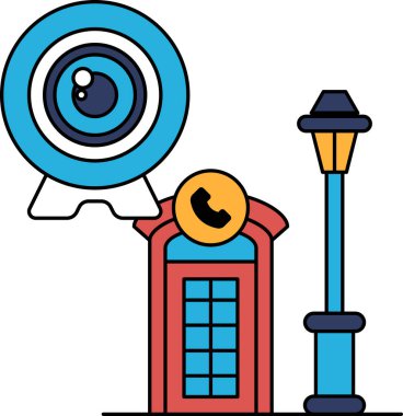 Sokağın köşesinde telefon kulübesi ve lamba direği olan bir kamera var. Kamera bir webcam ve telefon kulübesi bir İngiliz tarzı. Sahne rahat ve rahat.