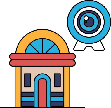 Tepesinde kamera olan bir bina. Kamera bir gözetleme sembolü ve bina da insanların izlenebileceği bir yerin sembolü.