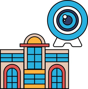 Tepesinde kamera olan bir bina. Bina çok pencereli büyük bir binadır.