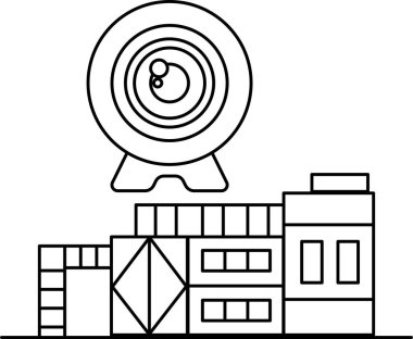 Büyük mercekli ve arka planda bir bina olan siyah beyaz bir kamera çizimi. Kamera görüntünün ortasına yerleştiriliyor ve bina sağ tarafta.