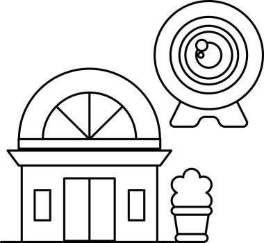 Penceresi ve kamerası olan bir bina. Kamera yere saçıldı. Bina beyaz.