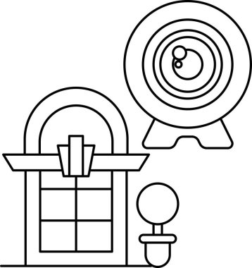 Bir kamera ve bir binanın siyah beyaz çizimi. Kamera çizimin tam ortasında ve bina da sol tarafta.