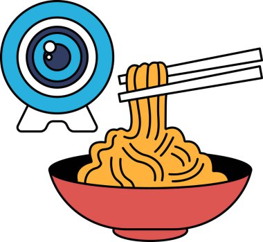 İçinde çubuk olan bir kase erişte. Kâse siyah ve beyaz. Erişteler uzun ve ince.