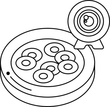 Üzerinde daireler çizilmiş siyah beyaz bir pizza resmi olan bir fotoğraf makinesi.