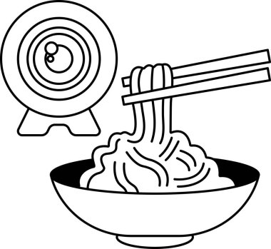 İçinde çubuk olan bir kase erişte. Kâse siyah ve beyaz. Erişteler uzun ve ince.