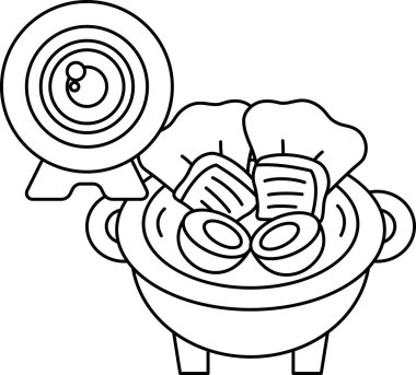 Arka planda kamera olan bir tencere yemeğin siyah beyaz çizimi. Kamera yemek kabının üzerine yerleştirilir ve yiyecek yumurta, ekmek ve sebze gibi çeşitli malzemelerden oluşur.