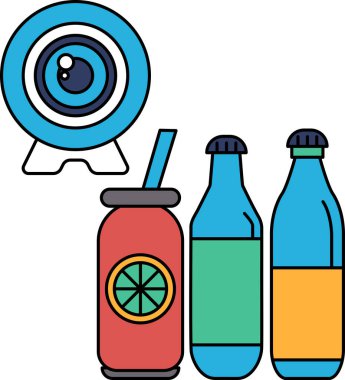 Siyah beyaz bir fotoğraf makinesi, bir şişe meyve suyu ve bir şişe bira. Kamera görüntünün ortasına yerleştirilir, meyve suyu ve bira şişeleriyle çevrelenir.